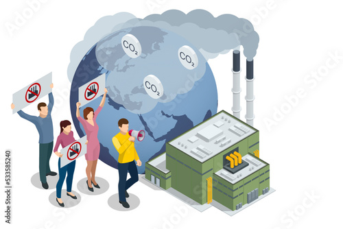 Isometric industrial chimneys with heavy smoke causing air pollution. Environment Polluted by CO2 Emission. Climate hange roblem, health care for people and animals.
