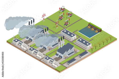Isometric industrial chimneys with heavy smoke causing air pollution. Environment Polluted by CO2 Emission. Climate hange roblem, health care for people and animals.