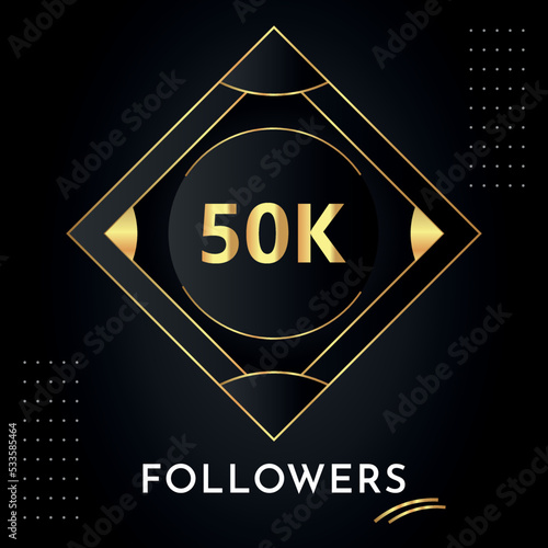Thank you 50k or 50 thousand followers with gold decorative frames on black background. Premium design for congratulations, social media story, social sites post, achievement, social networks.