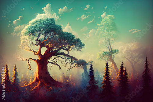 Old magic tree with roots in the forest. Digital 3d Illustration