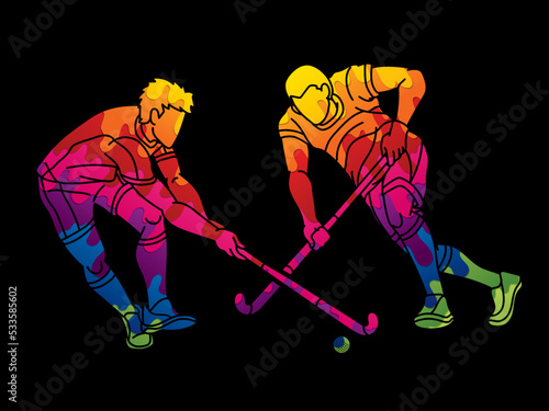 Field Hockey Sport Team Male Players Action Together Cartoon Graphic Vector