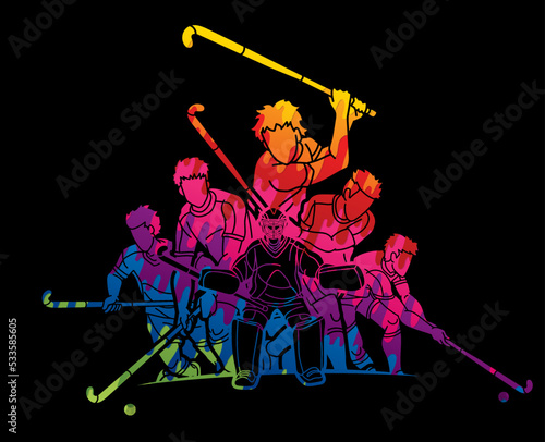 Field Hockey Sport Team Male Players Action Together Cartoon Graphic Vector