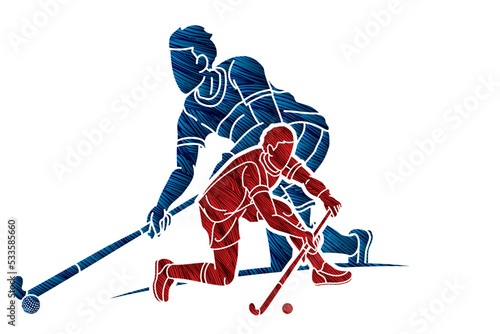 Field Hockey Sport Team Male Players Action Together Cartoon Graphic Vector