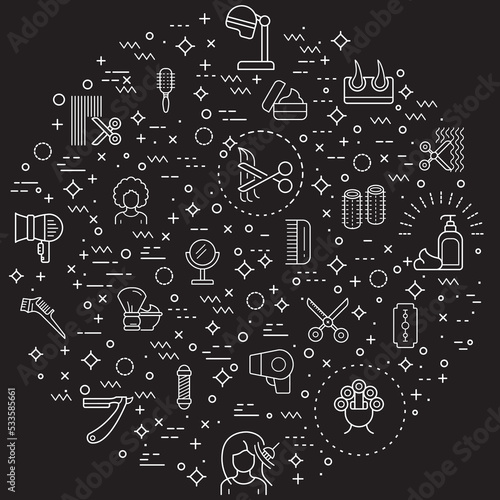 Simple Set of hair Related Vector Line Illustration. Contains such Icons as beauty, hairstyle, brush, comb, foam, hair dryer and Other Elements. 