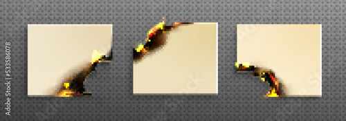 Square paper notes with burning angles, burnt pages with smoldering fire on charred uneven edges, damaged sheets in flame with ashes isolated on transparent background Realistic 3d vector illustration
