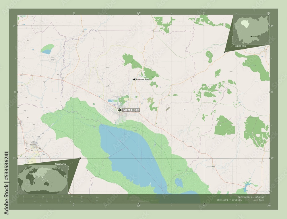 Obraz premium Siemreab, Cambodia. OSM. Labelled points of cities