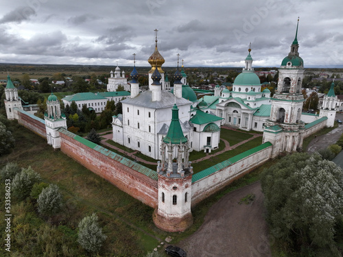 panoramic view from a drone on the historical part of the city of Rostov the Great on an autumn cloudy day