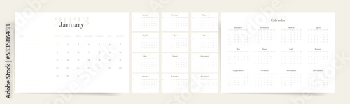 Clean and minimal 2023 calendar template. Elegant and aesthetic design. Week starts on Sunday.  Place for notes.