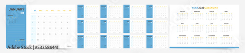 Modern and minimal 2023 calendar template. Annual vector payout of 2023 calendar planner with notes.