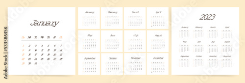 2023 minimal calendar template. Week starts on Sunday. Plain and clean design  ready to print 2023 calendar in minimal square format. Vector annual template. 