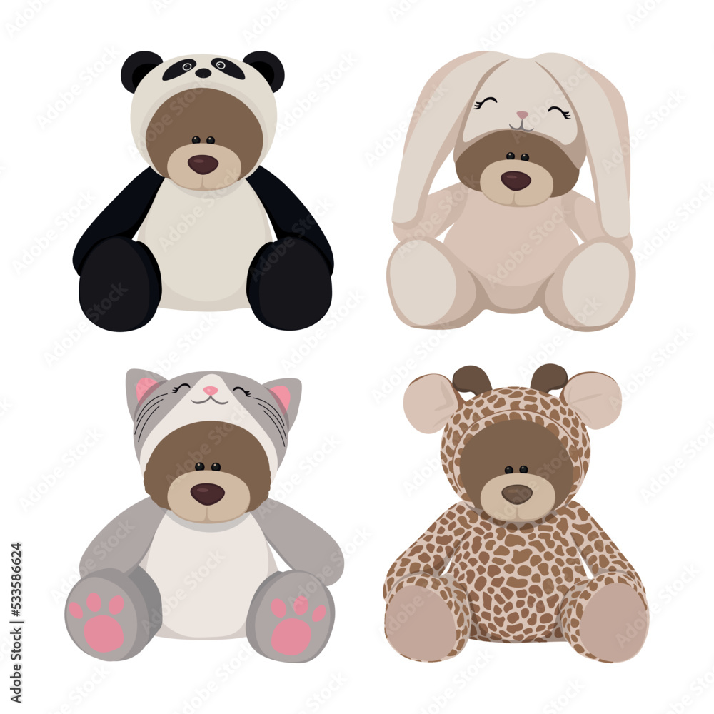 Set of cute teddy bears in costumes, lovely animal toys, realistic toy collection, bunny, panda, cat, giraffe. Set of cute teddy bears in costumes, lovely animal toys, realistic toy collection, bunny, panda, cat, giraffe.