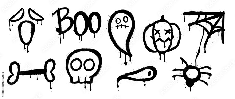 Set of graffiti spray pattern. Collection of halloween symbols, ghost, bone, spider web, skull, pumpkin with spray texture. Elements on white background for banner, decoration, street art, halloween.