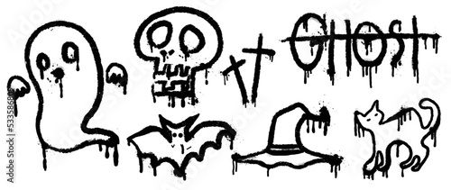 Set of graffiti spray pattern. Collection of halloween symbols, ghost, skull, bat, witch hat, cat, font with spray texture. Elements on white background for banner, decoration, street art, halloween.
