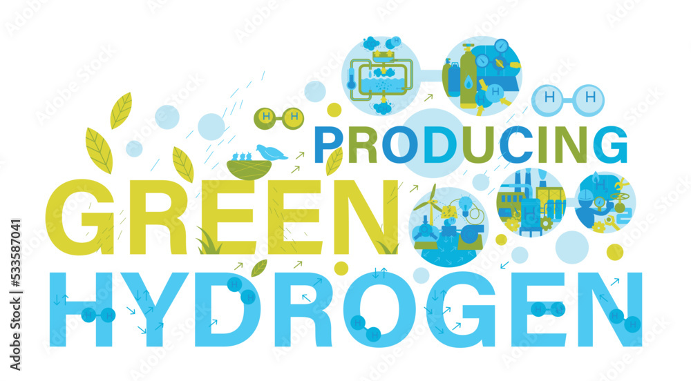 Green and blue hydrogen production. Editable vector illustratrion