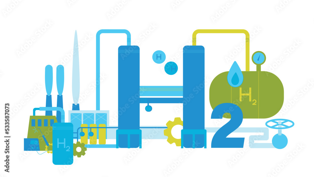 Blue hydrogen production. Renewable energy source. Vector illustration Blue hydrogen production. Renewable energy source. Vector illustration