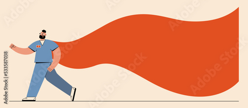 Web banner with Super Hero doctor. Worker cape person.