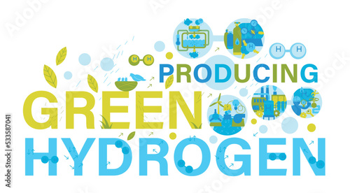 Green and blue hydrogen production. Editable vector illustratrion