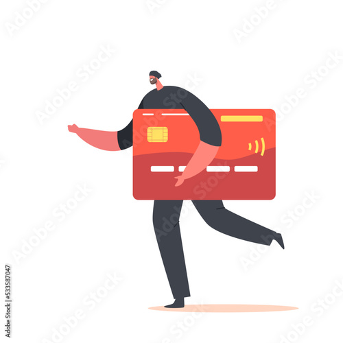 Hacker Male Character Carry Huge Stolen Credit Card. Fraud Phishing Data and Steal Money in Internet, Email Spoofing