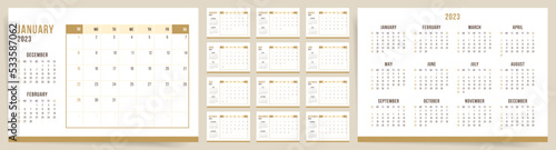 2023 calendar template. Week starts on Sunday. Brown premium office calendar for businessman. Desktop planner in simple clean style. Corporate or business 2023 calendar. English calendar planner.