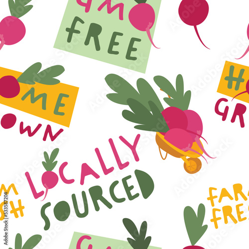 Locally grown organic food. Decorative seamless pattern.