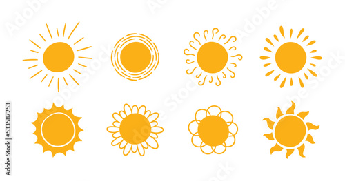 Doodle different sun icons set. Scribble yellow sun with rays symbols. Doodle children drawings collection. Hand drawn burst. Hot weather sign. Vector illustration isolated on white background.