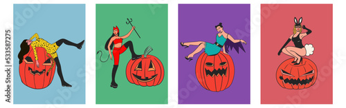 Women in costumes with pumpkins concept halloween retro style set.Bat, rabbit, devil and cat costumes. Vector illustration