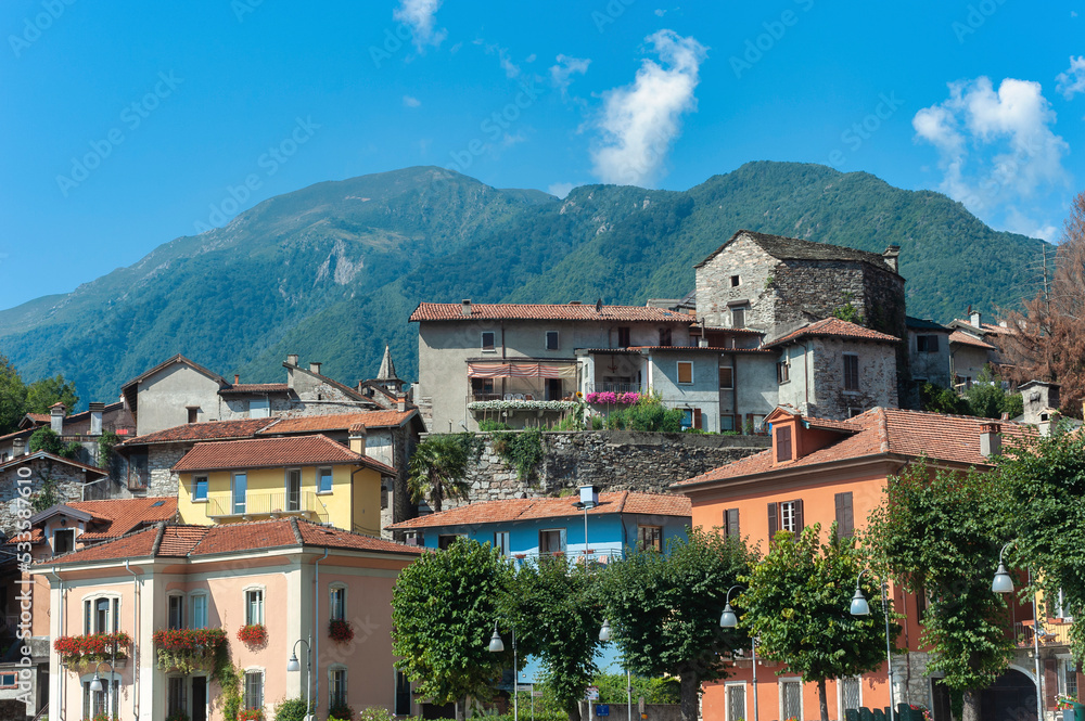 Village view of Mergozzo with historical buildings. Province of Piedmont in Northern Italy.