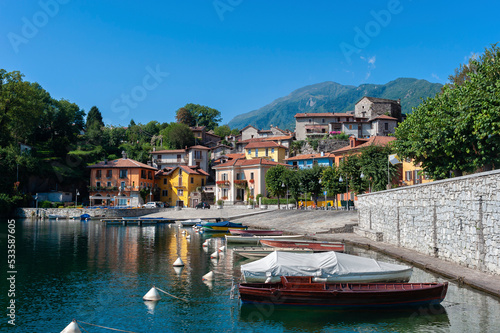 Fototapeta Naklejka Na Ścianę i Meble -  View over Lake Mergozzo to the village of Mergozzo. Province of Piedmont in Northern Italy.