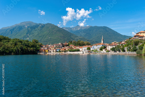 View over Lake Mergozzo to the village of Mergozzo. Province of Piedmont in Northern Italy.