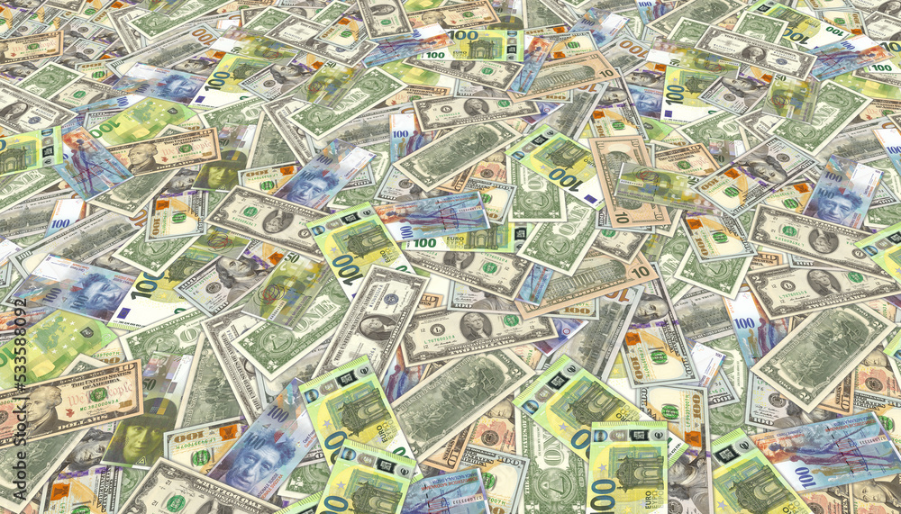 Illustration in perspective. The scattered paper money of the world. Banknotes of different denominations of the USA, Switzerland and the EU. Economic wallpaper or background