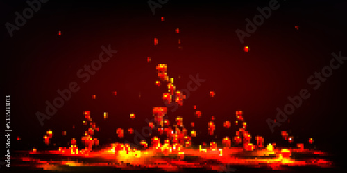 Hot liquid lava splash with flying red drops. Abstract background of seething molten magma surface with splatter. Orange fluid texture with rising bubbles, vector realistic illustration
