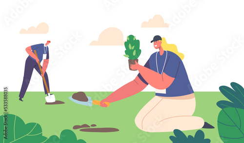 Forest Restoration, Reforestation, Save Nature, Environment Protection Concept. Volunteer Characters Planting Trees