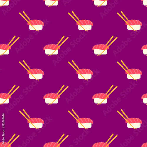 Pixel sushi seamless pattern. 8-bit sushi roll with chopsticks. Pixel art japan traditional food. Japanese cuisine. Oriental design for fabric, wallpaper, wrapping paper, packing. Vector illustration