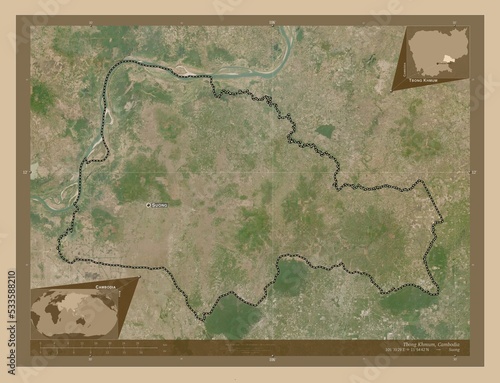 Tbong Khmum, Cambodia. Low-res satellite. Labelled points of cities photo