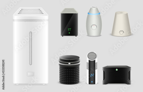 Air purifier and humidifier realistic set. Portable smart home appliance, household device
