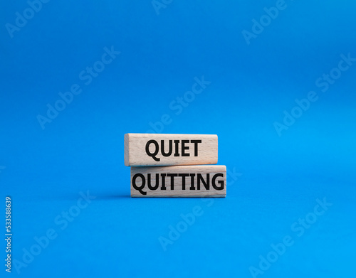 Quiet quitting symbol. Concept word Quiet quitting on wooden blocks. Beautiful blue background. Business and Quiet quitting concept. Copy space.