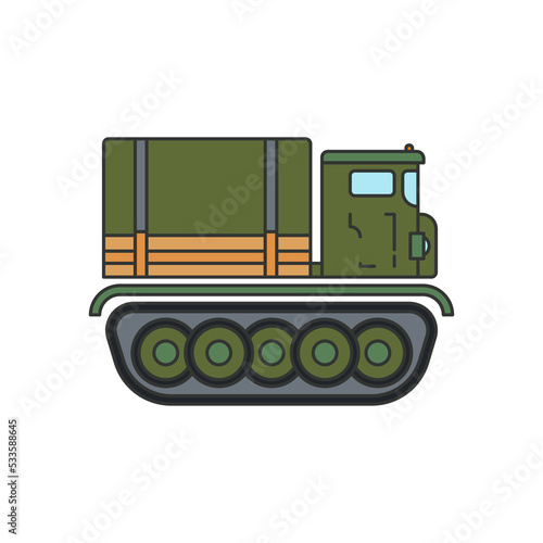 Line flat color vector illustration icon infantry assault army artillery tractor. Military vehicle. Simple retro style. Soldiers equipment. Armored corps. Weaponry. Tractor caterpillar unit. Defense.