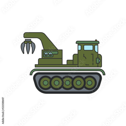Line flat color vector illustration icon infantry assault army artillery tractor. Military vehicle. Simple retro style. Soldiers equipment. Armored corps. Weaponry. Tractor caterpillar unit. Tow. War.