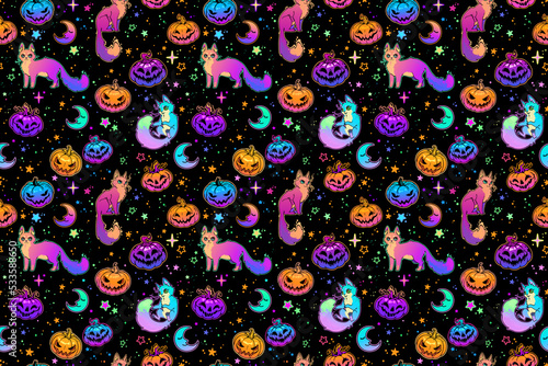 cute halloween pattern with colorful pumpkins and cats
