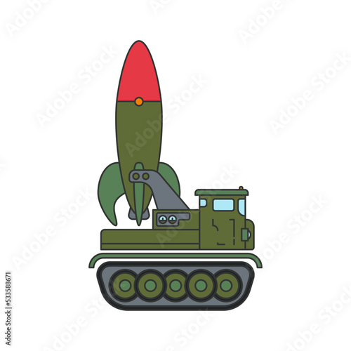 Line flat color vector illustration icon infantry assault army aircraft missile. Military vehicle. Simple retro style. Soldiers equipment. Armored corps. Weaponry. Tractor caterpillar unit. Defense.