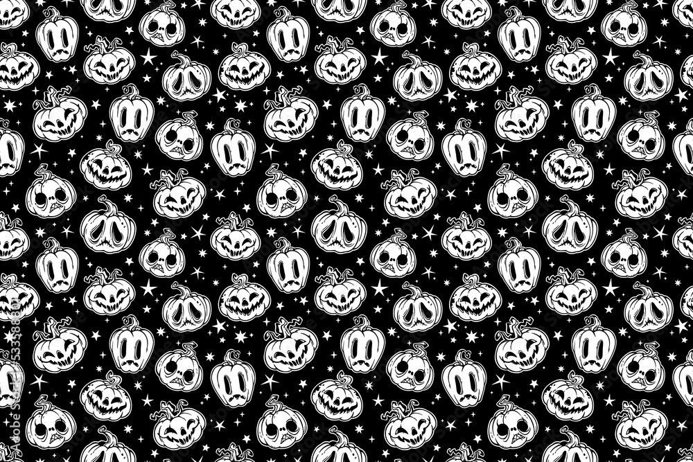 seamless monochrome pattern of cartoon halloween pumpkins