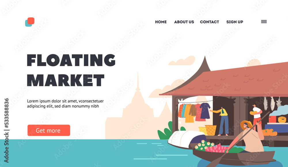 Floating Market Landing Page Template. People Sell and Buy Goods in Thailand Water Fair. Characters Moving on Boats