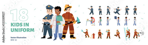 Set kids in uniform of fire fighter, police officer and doctor. Little boy fight with blaze, work in medical laboratory and serve in cop department. Child profession, Linear flat vector illustration