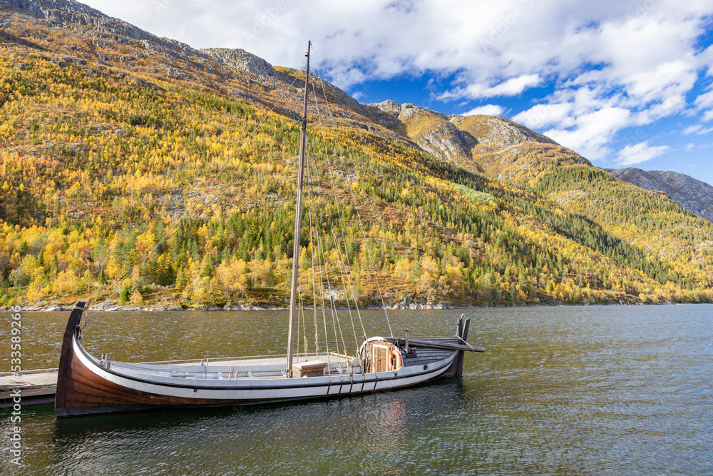 Nordland boat (fembøring) in storage by the river Vefsna, Mosjøen, Helgeland, Nordland county, Norway, Europe