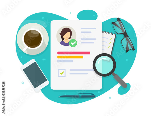Skills professional career test review or employee aptitude ability of talent search recruitment flat graphic illustration, hire candidate cv document paper with expert quiz assess, personality report