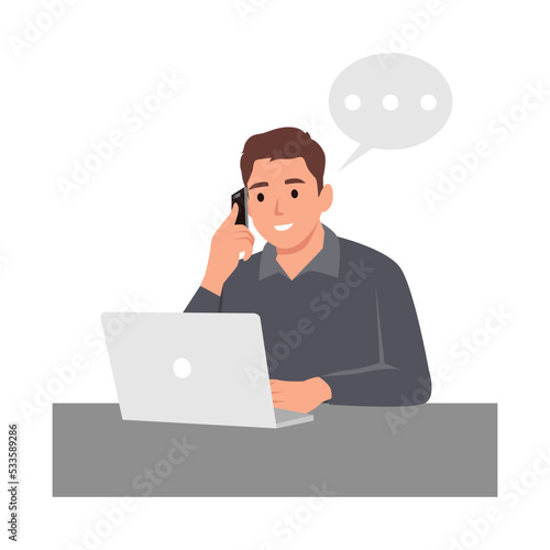 Young man company director giving short brief through phone call to his team member from the office. Business talk concept. Flat vector illustration isolated on white background
