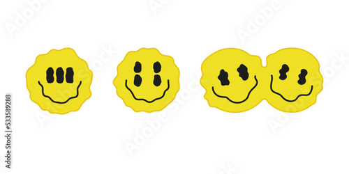 Psychedelic surreal drip melt emoji set. Liquid bifurcation face with smile. Illusion, dual creative happy sign. Vector illustration