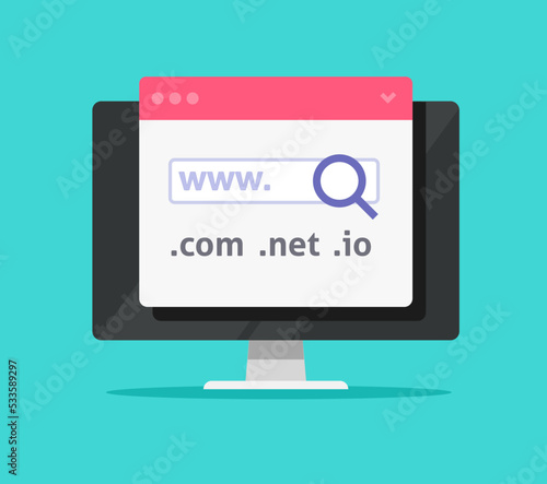 Domain name search find icon vector or web server registration on hosting buy on computer pc internet site page flat cartoon graphic illustration image
