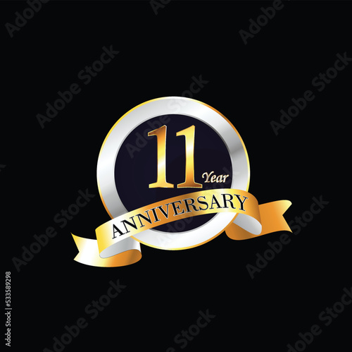 11 Year Anniversary celebration Vector Design with ring and ribbon. 11th Anniversary celebration. Gold Luxury Banner of 11th Anniversary celebration. eleventh celebration card. Vector anniversary