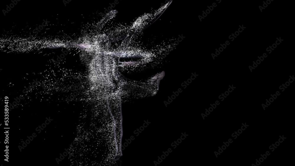 Particles in motion of silhouette female on black background. Full length woman performing tricks with colored ribbon. 3D rendering computer graphics of an gymnast from water drops and splashes.